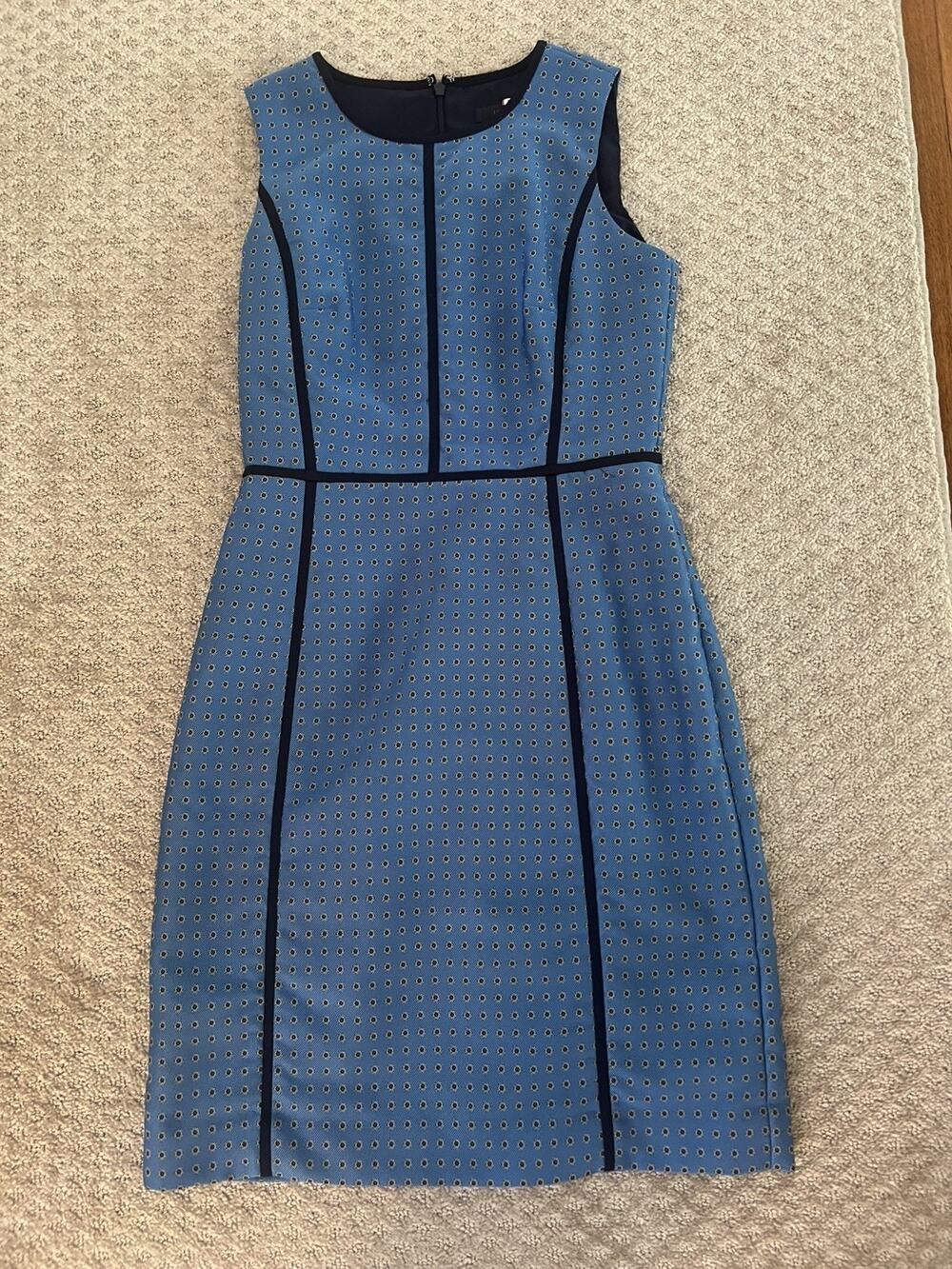JCrew Paneled Sheath Dress side 2 blue navy white. Sleek, elegant silhouette